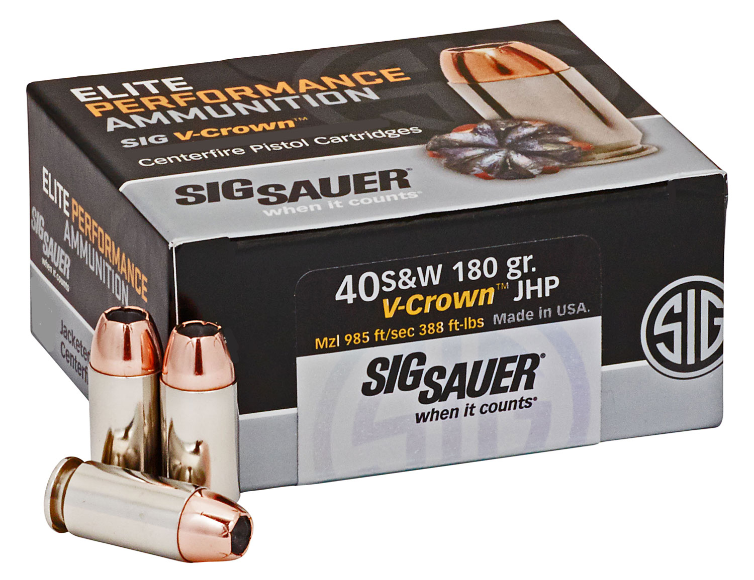 Sig Sauer E40SW250 Elite Performance 40S&W 180gr V-Crown Jacketed Hollow Point 50 Per Box/10 Case