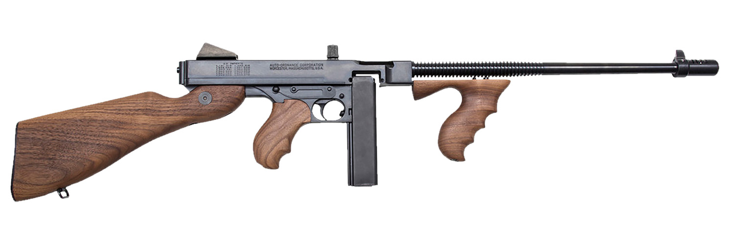 Thompson T5100D 1927A-1 45 ACP Caliber with 16.50" Barrel, 20+1 Capacity (Stick), 100+1 Capacity (Drum), Blued Metal Finish, American Walnut Stock Wood Grip Right Hand