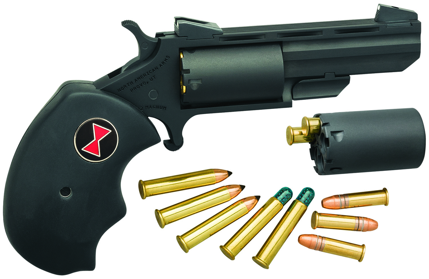 North American Arms BWCCRK Black Widow 22 LR or 22 WMR 5 Shot 2" Vent Rib Barrel, Overall Stainless Finish, Finger Grooved Black Rubber Grip & Fixed Sights Includes Cylinder