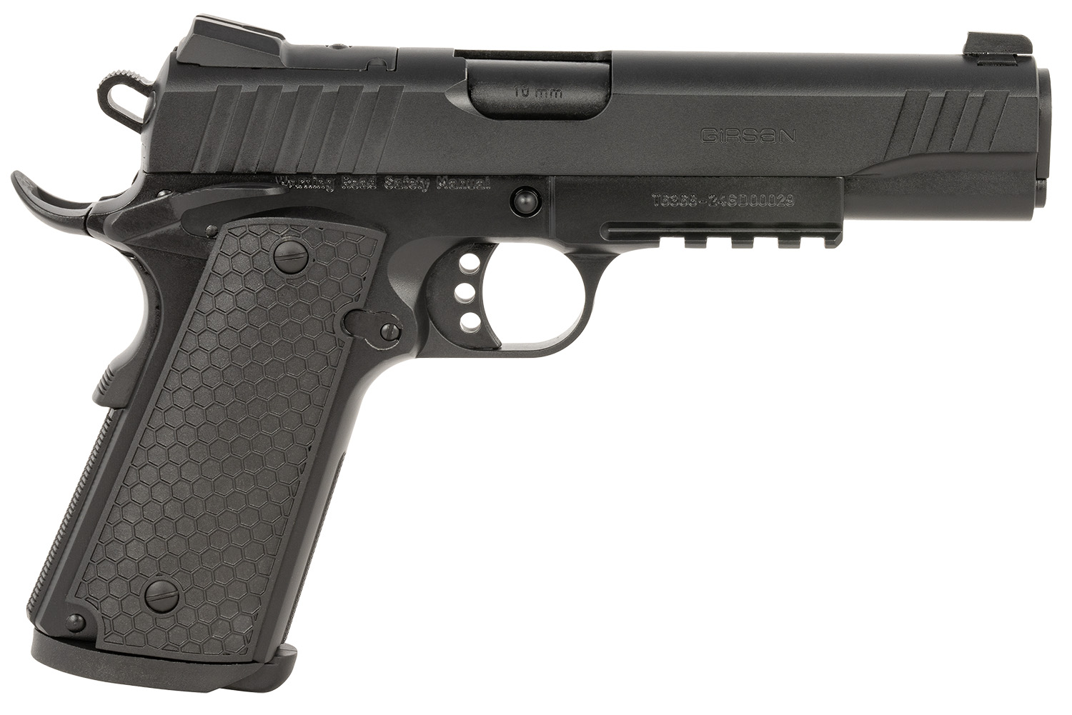Girsan 391048 MC1911 S Influencer Full Size 10mm Auto 9+1 5" Blued Steel Barrel, Black Optic Ready/Serrated Steel Slide & Frame w/Picatinny Rail & Beavertail, Black Polymer Grip