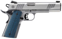 Bersa B19117050SMBL B1911 Full Size Frame 45 ACP 8+1 5" Stainless Steel Barrel, Polished Stainless Serrated Steel Slide, Matte Stainless Stainless Steel Frame w/Beavertail, Blue VZ Grip, Ambidextrous