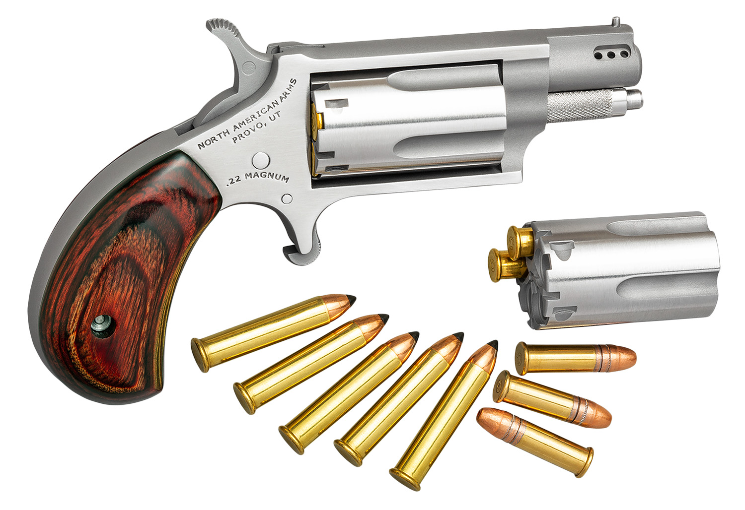 North American Arms 22MSCP Mini-Revolver Combo 22 LR/22 WMR 5 Shot 1.63" Stainless Steel Ported Barrel, Stainless Steel Frame & Cylinder, Rosewood Birdshead Grip, Exposed Hammer