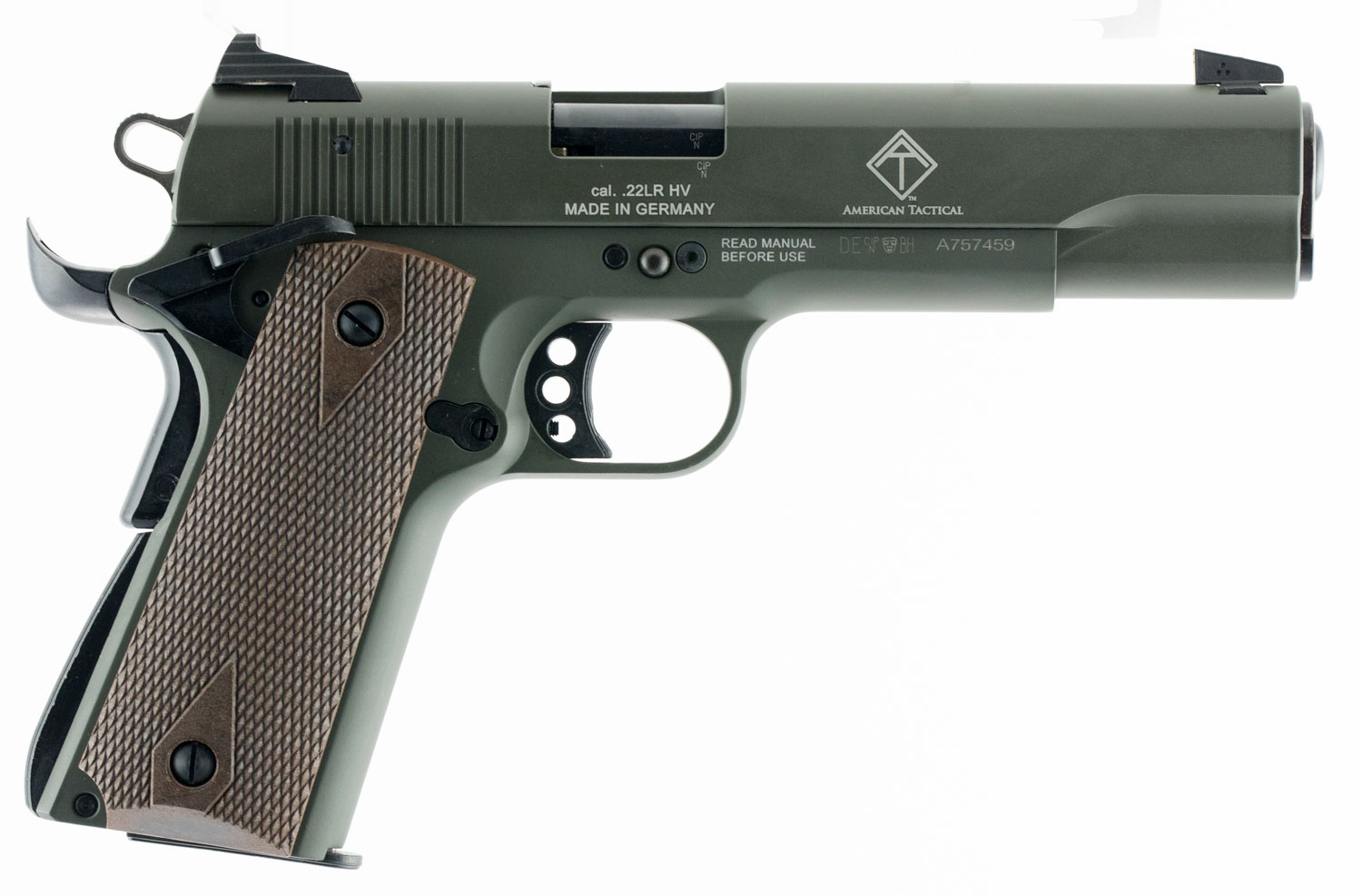GSG GSG2210M1911G 1911 22 LR 10+1 5" Threaded Barrel, OD Green Serrated Slide, OD Green Zinc Alloy w/Beavertail Frame, Double Diamond Walnut Grip