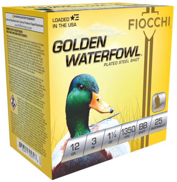 FIOCCHI GOLDEN WFOWL ZINC PLATED STL AMO 12GA 3 IN 1 1/4 OZ #BB 1350FPS 25-RD ( 10 BOXES PER CASE )