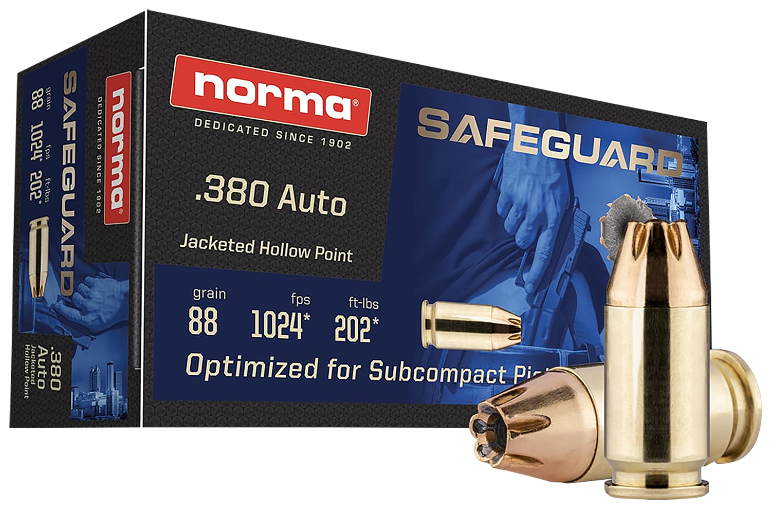 Norma Ammunition 803807680 Safeguard 380ACP 88gr Jacketed Hollow Point 50 Per Box/20 Case