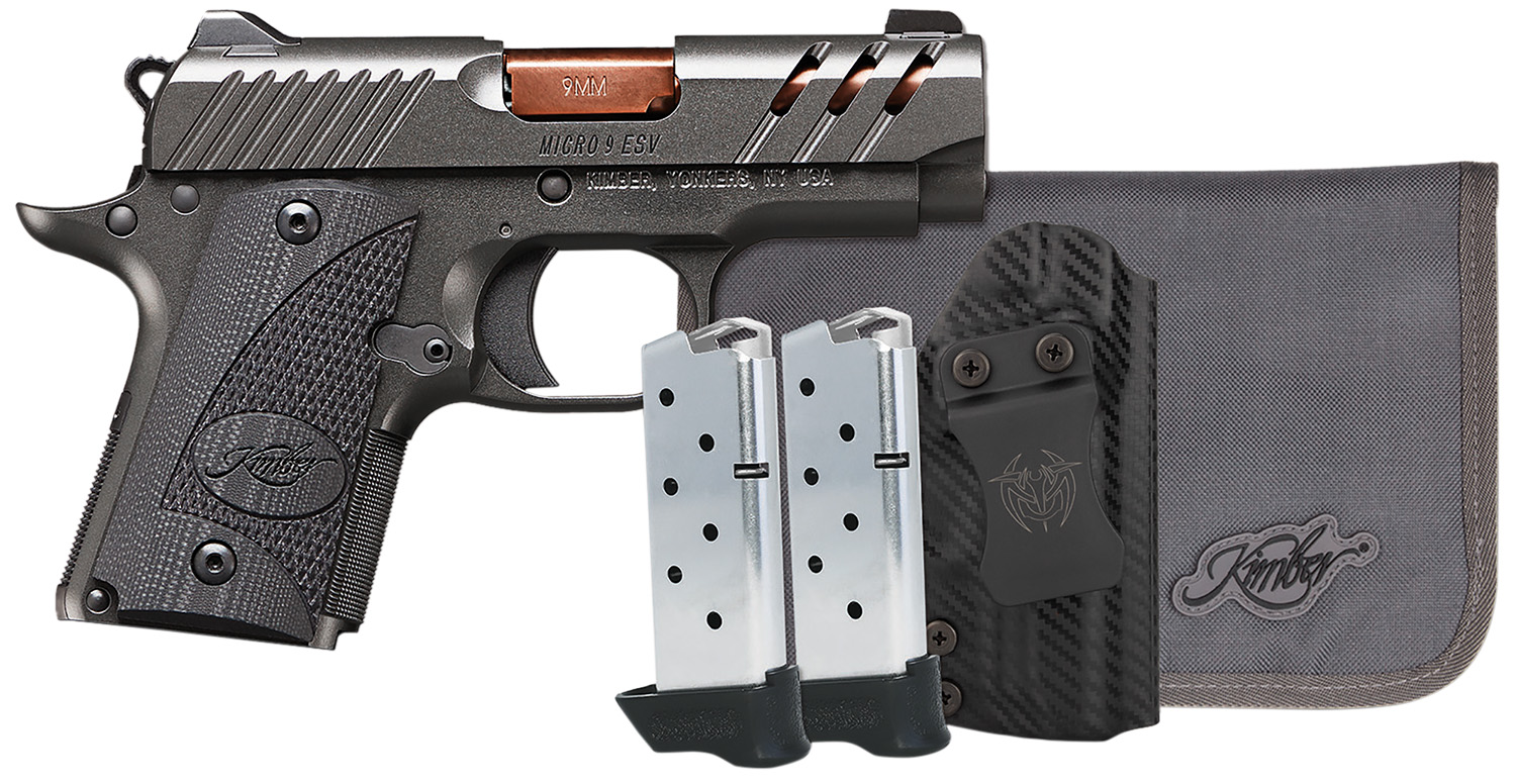 Kimber Mfg, Inc 3300254 Micro 9 Bundle 7+1 3.15" Rose Copper TiN Match Grade Barrel, KimPro II Gray Lightening Cut/Serrated Stainless Steel Slide, Kimpro II Gray Aluminum Frame, Black G10 Grip