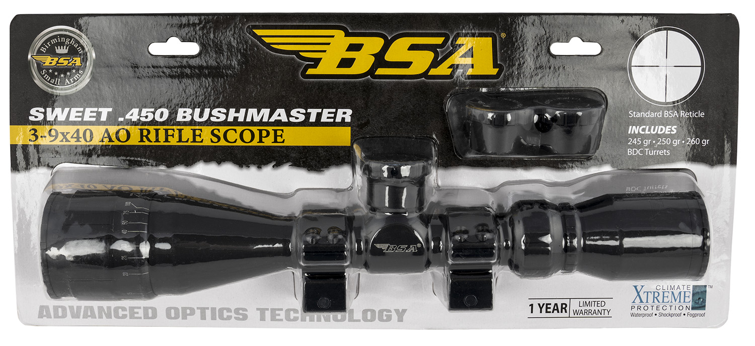 BSA 45039X40AOWRTB Sweet 450 Bushmaster Matte Black 3-9x40mm AO 1" Tube 30/30 Reticle Features Weaver Rings