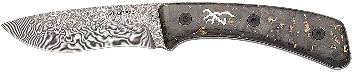 Browning 3220570B Rock 3.50" Fixed Drop Point Plain Acid Etch Damascus Blade, Carbon Fiber Handle