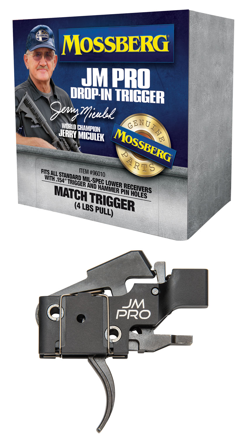 Mossberg 96010 JM Pro Adjustable Match AR Drop-In Trigger, Fits AR15s & AR10s w/.154" Trigger & Hammer Pin Holes, Factory-Set 4 Pound Pull Weight