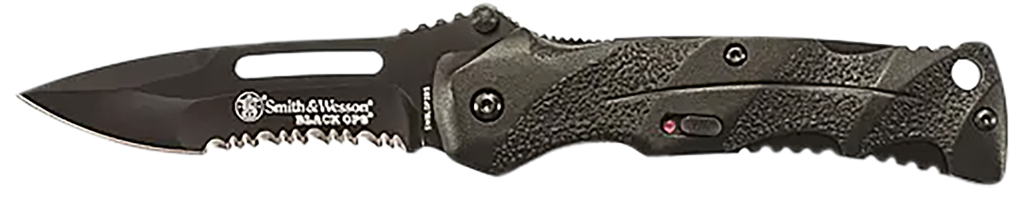 Smith & Wesson Knives SWBLOP2BSCP Black Ops 3.40" Folding Drop Point Part Serrated 4034 SS Blade Black Includes Pocket Clip