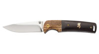 Browning 3220231 Buckmark Hunter EDC 3" Folding Drop Point, Plain Mirror Polished 8Cr14MoV SS Blade, Black/Natural Finger Grooved w/Brass Accents Hardwood Handle, Includes Pocket Clip