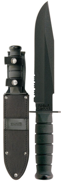 Ka-Bar 1271 Fighter  8" Fixed Clip Point Part Serrated Black 1095 Cro-Van Blade, Black Kraton G Handle, Includes Sheath